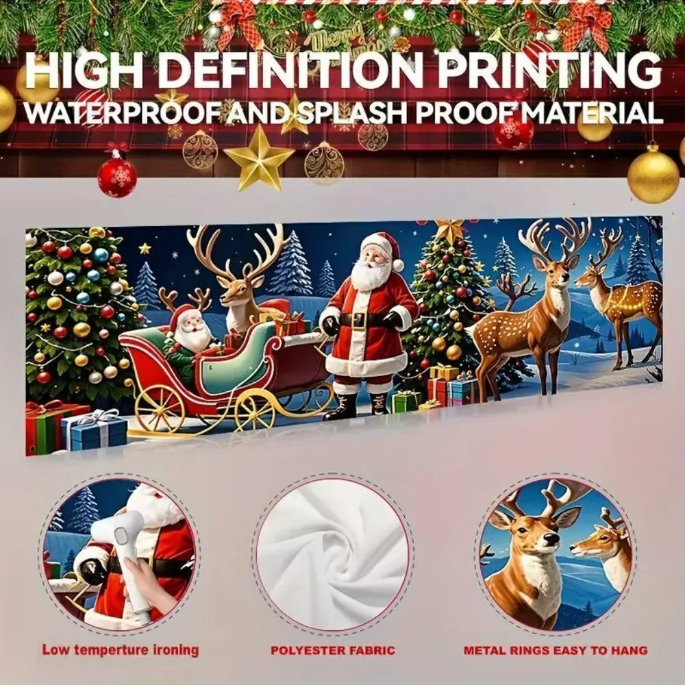 18 x 79 Holiday Wall Banner Festive Christmas Santa w Sleigh and Reindeer
